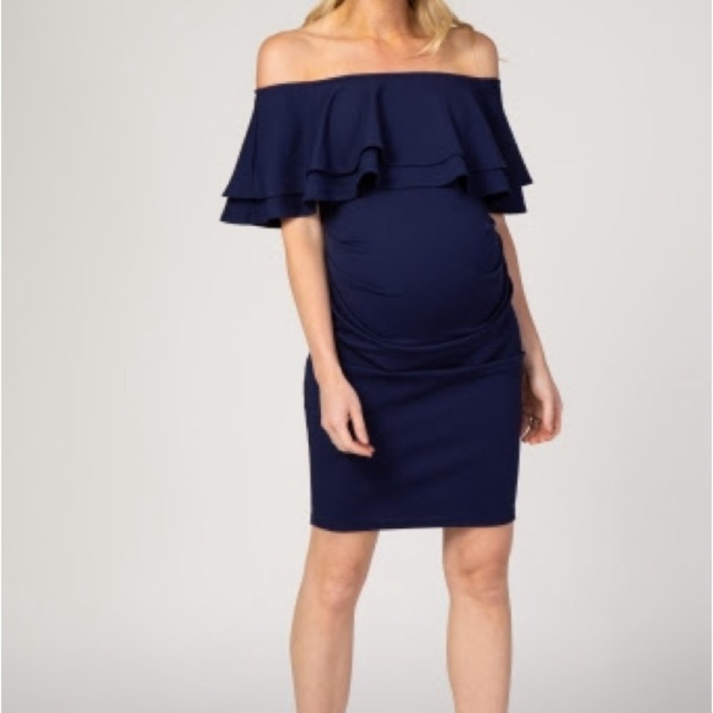 Navy Off Shoulder Ruched Maternity Dress